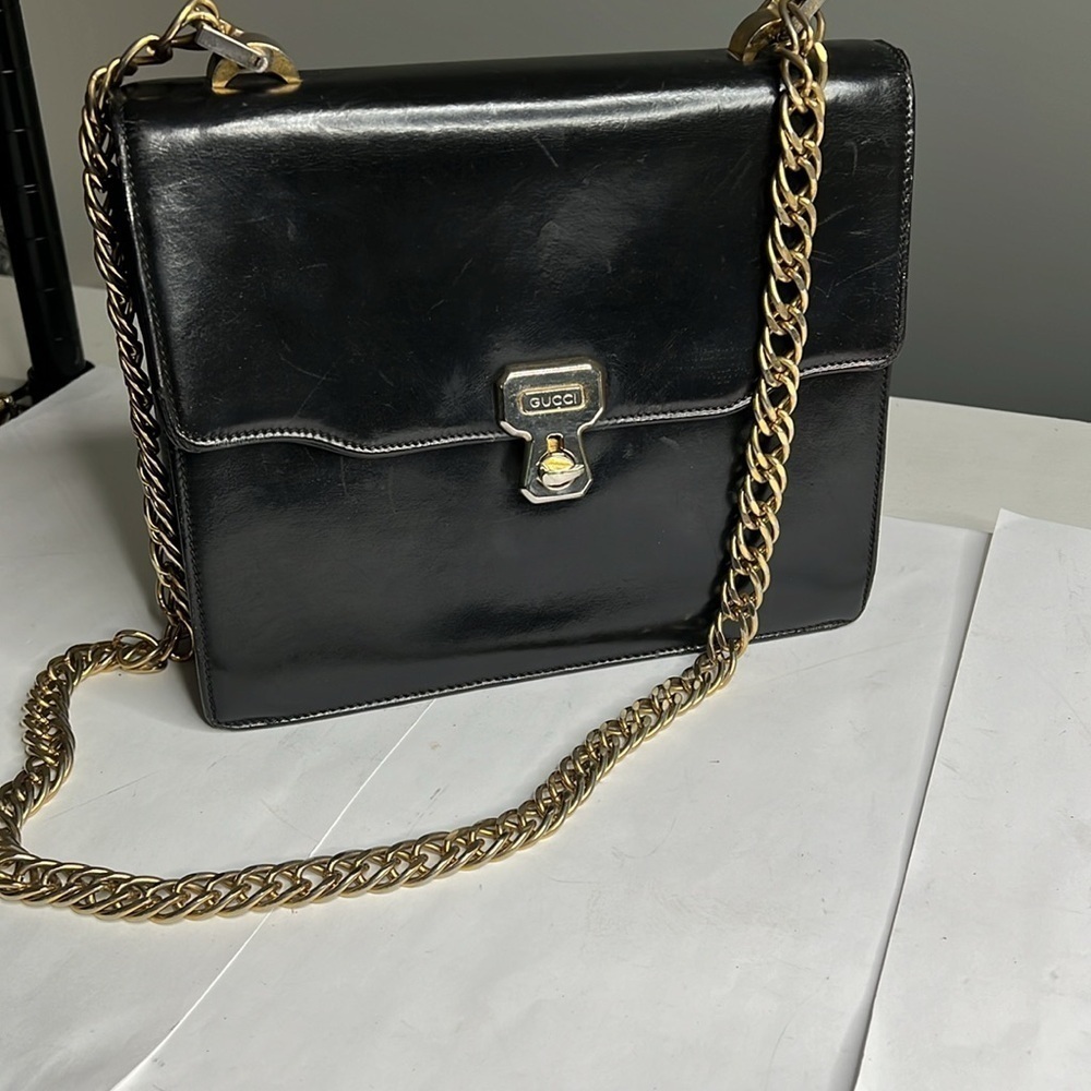 Gucci 1970’s Structured Black Leather Handbag On … - image 3